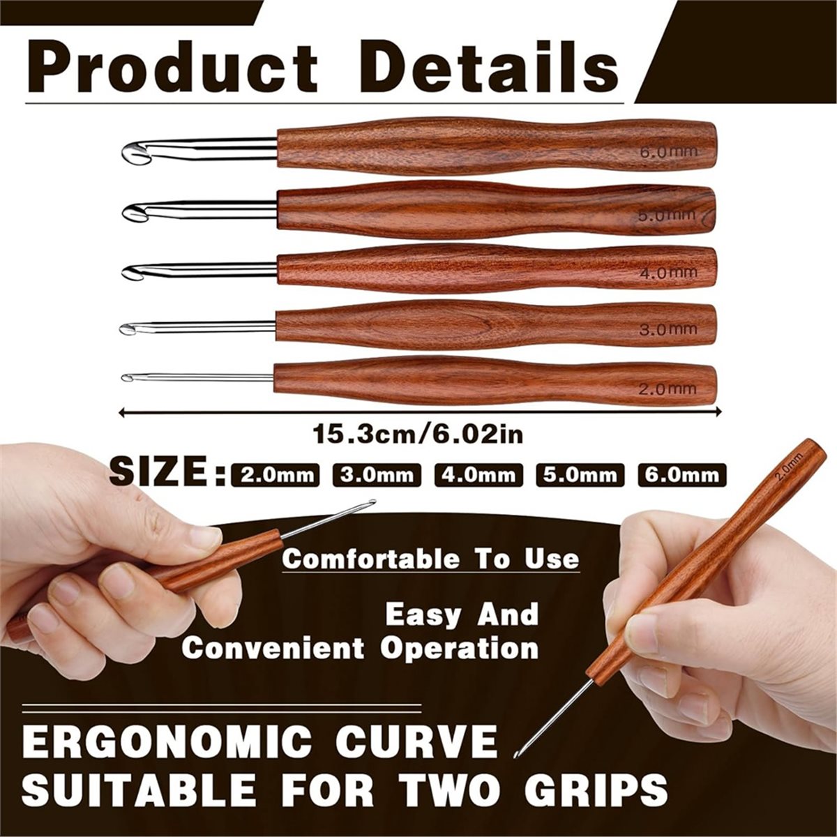 Wooden Crochet Hooks Ergonomic Handle - Набор крючков для вязания NOCM, 5